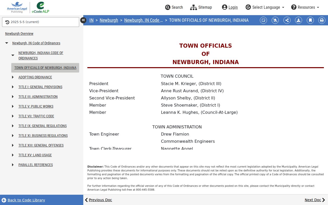 Newburgh municipal code with traffic and general offense titles